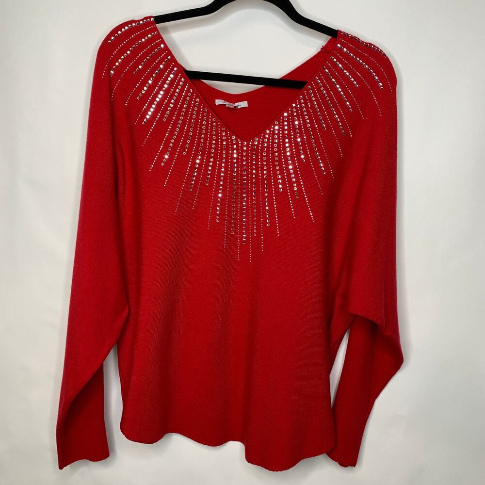 Vila Milano Red Rhinestoned Sweater Sz XL Dolman Sleeve - Picture 5 of 9